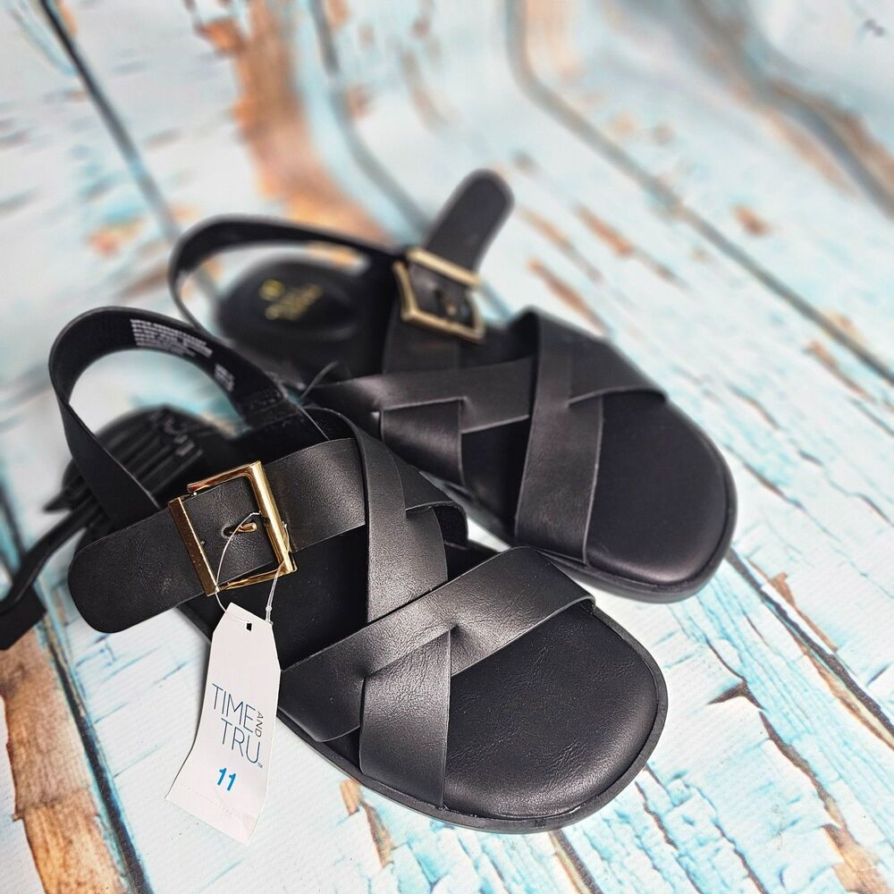 Time and Tru Women's Black Flat Sandals Size 11 Strappy Slingback Buckle NWT